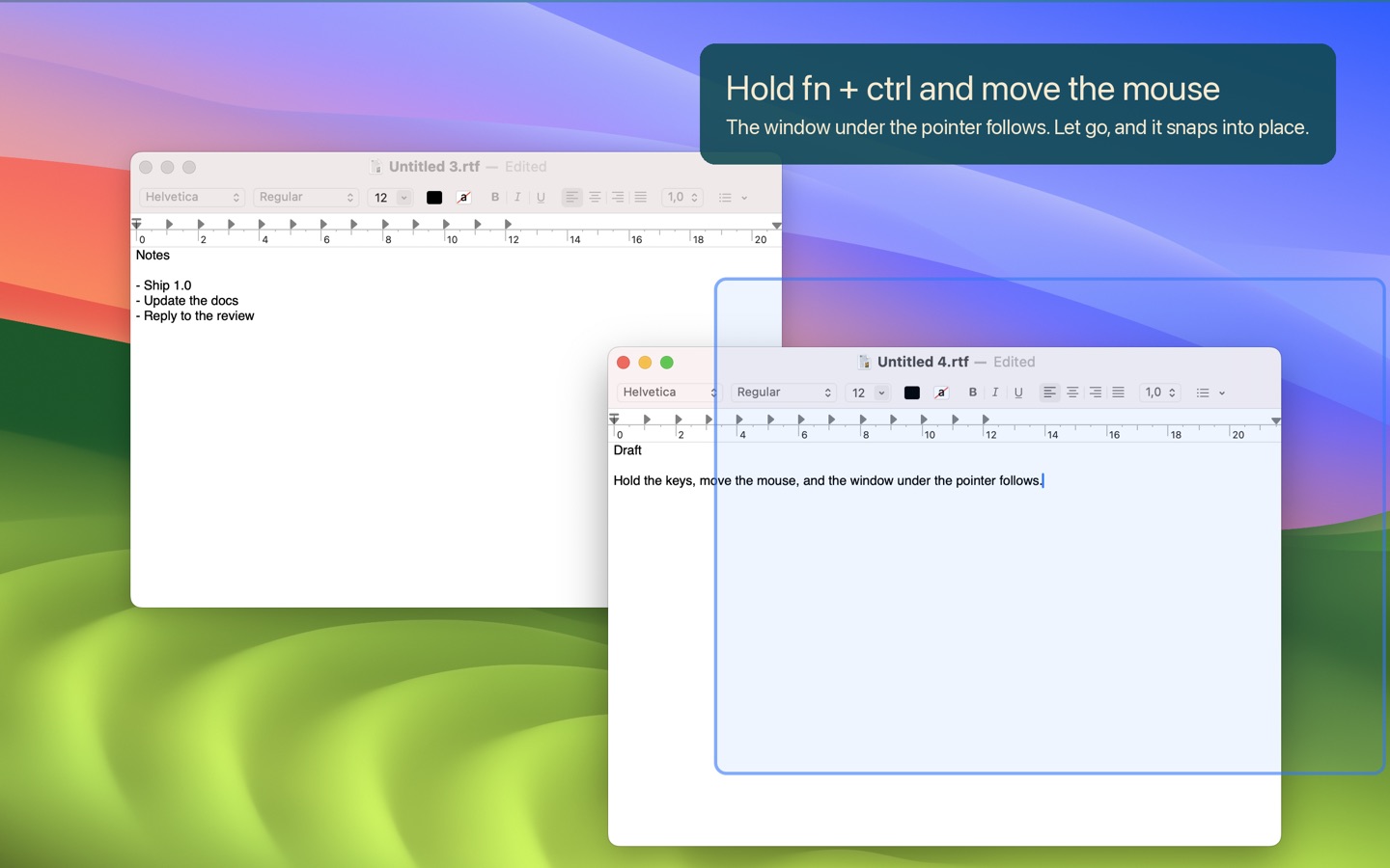 A Mac desktop with two TextEdit windows and Kolibri's outline in the middle of a move.