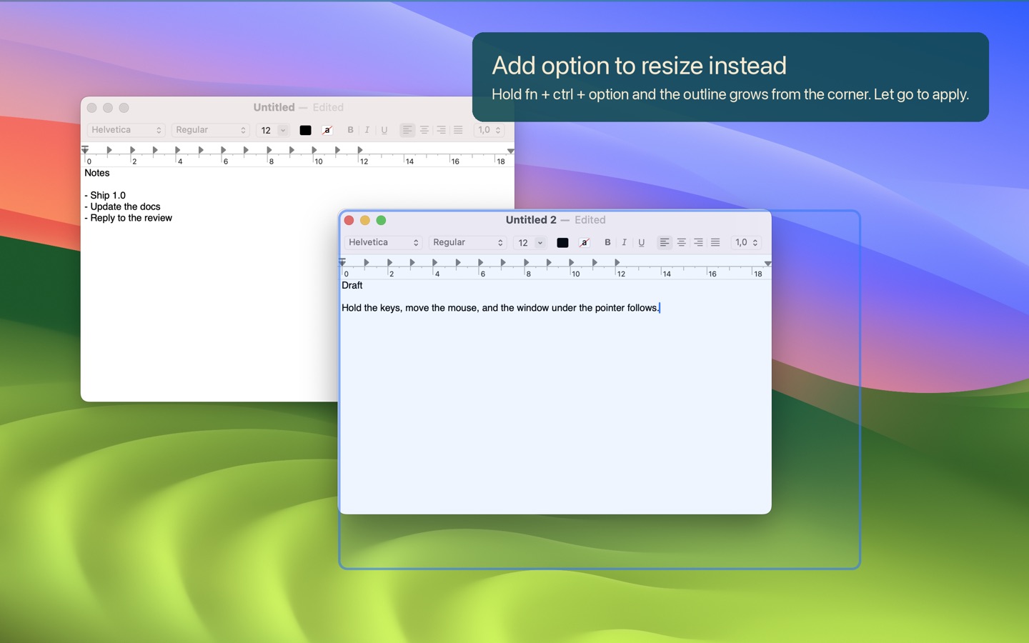 A Mac desktop with Kolibri's outline resizing a window from its bottom right corner.